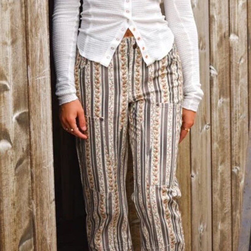 We The Free Super Sonic Stripe Print Low Rise Slim Utility Pants Grey Combo